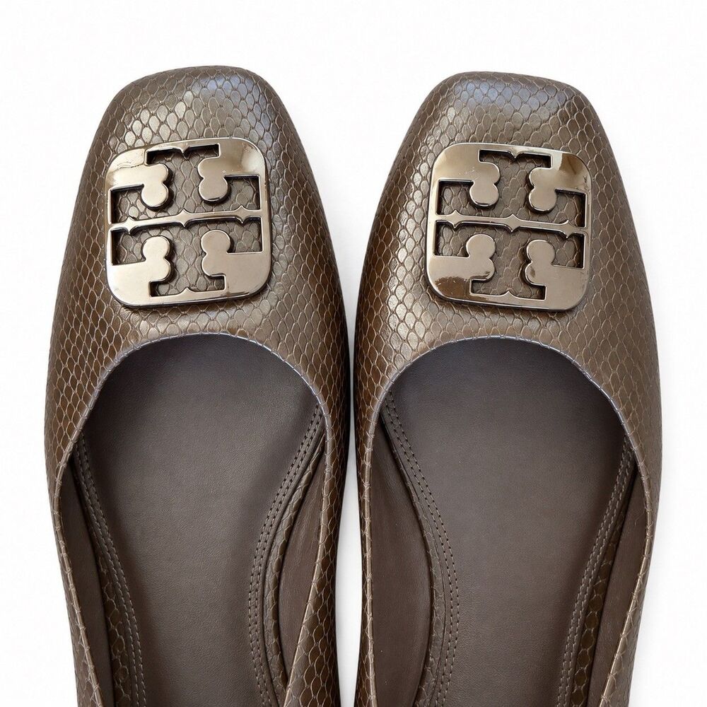 Tory Burch Georgia Ballet Flats Brown Leather Snakeskin Square Toe Shoes Sz 11 M - Picture 4 of 8
